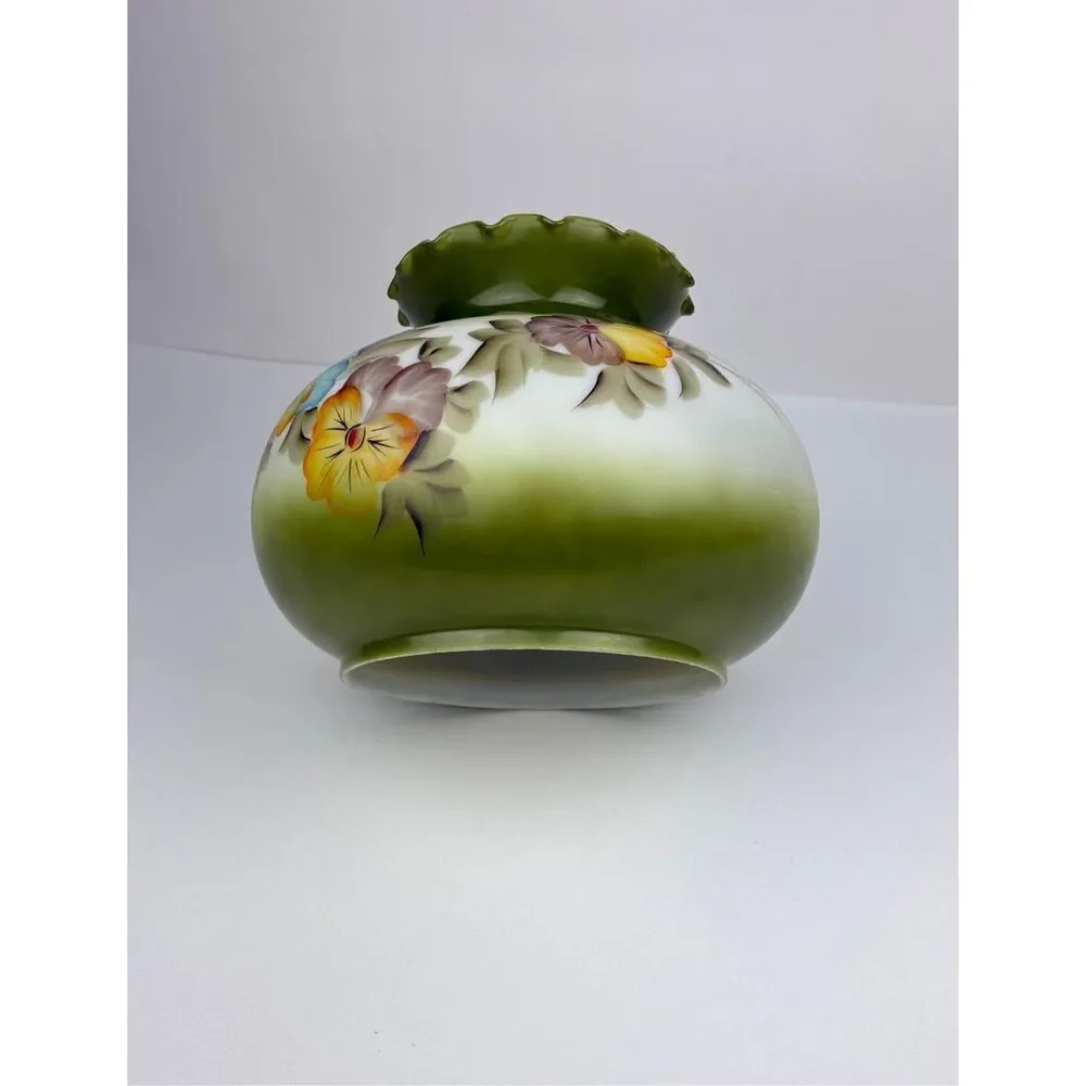 Vtg GWTW Glass Lamp Shade Hand Painted Green Floral Ruffled Top, 7